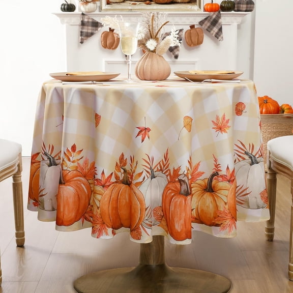 Fall Tablecloth 60x60 Inch Round, Thanksgiving Autumn Harvest Pumpkin Buffalo Plaid Decoration Table Cloth, Stain Resistant Table Cover for Party/Dining/Holiday, Orange Checkered