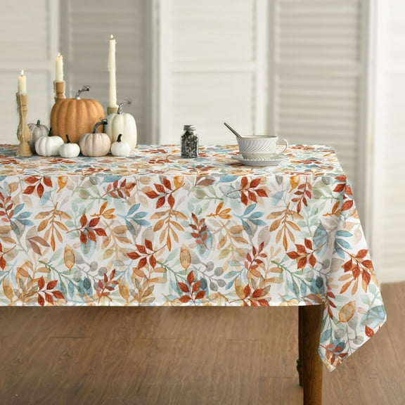 Fall Tablecloth 60x60 Inch, Thanksgiving Autumn Harvest Orange Blue Watercolor Leaf Table Cover for Party Picnic Dinner Decor