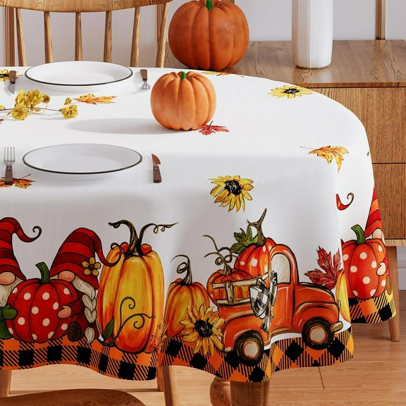 Fall Tablecloth 60x84 Inch Oval, Buffalo Plaid Harvest Orange Truck Gnome Pumpkin Table Cloth Seasonal Autumn Thanksgiving Party Decor Waterproof Table Cover