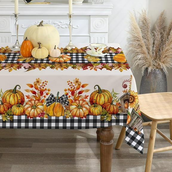 Fall Tablecloth 60x84 Inch Rectangle - Black Plaid Harvest Pumpkins Fall Decorations for Home - Water Resistant Thanksgiving Table Cloth Rectangle for Party, Dinning, Home