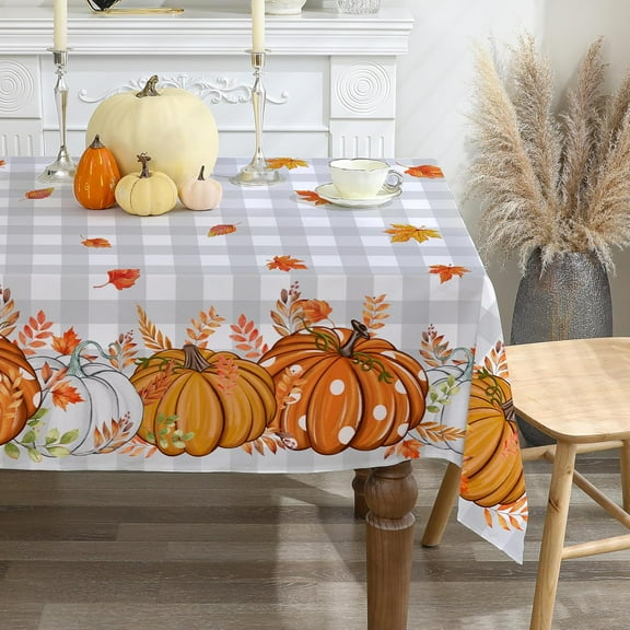 Fall Tablecloth 60x84 Inch Rectangle - Grey Plaid Pumpkins Fall Decorations for Home - Harvest Thanksgiving Table Cloth Rectangle for Party, Dinning, Home