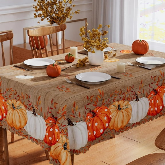 Fall Tablecloth 60x84 Inch Rectangle, Wood Leaves Pumpkin Decorations Seasonal Autumn Thanksgiving Scalloped Edge Waterproof Table Cover Home Party Decor