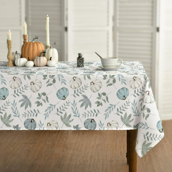 Fall Tablecloth 60x84 Inch Rectangular, Thanksgiving Autumn Harvest Blue Pumpkins and Leaves Table Cover for Party Picnic Dinner Decor