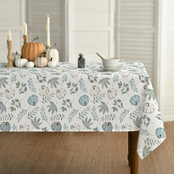 Fall Tablecloth 60x84 Inch Rectangular, Thanksgiving Autumn Harvest Blue Pumpkins and Leaves Table Cover for Party Picnic Dinner Decor