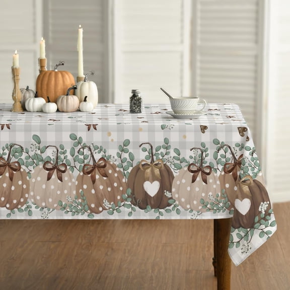 Fall Tablecloth 60x84 Inch Rectangular, Thanksgiving Autumn Harvest Brown Pumpkin Grey Buffalo Plaid Table Cover for Party Picnic Dinner Decor