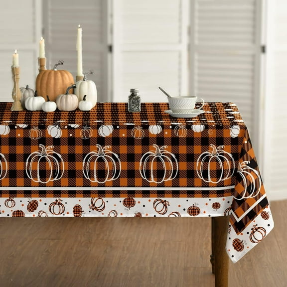Fall Tablecloth 60x84 Inch Rectangular, Thanksgiving Autumn Harvest Orange Black Buffalo Plaid White Pumpkins Table Cover for Party Picnic Dinner Decor