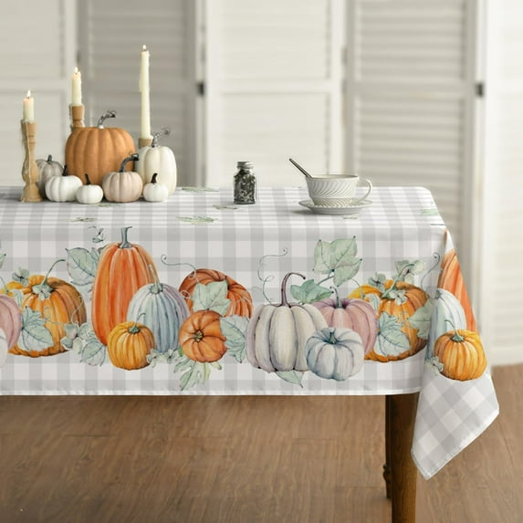 Fall Tablecloth 60x84 Inch Rectangular, Thanksgiving Autumn Harvest Watercolor Pumpkins Blue Buffalo Plaid Table Cover for Party Picnic Dinner Decor