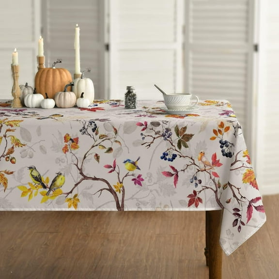 Fall Tablecloth 60x84 Inch, Thanksgiving Autumn Harvest Watercolor Birds Trees Table Cover for Party Picnic Dinner Decor Black