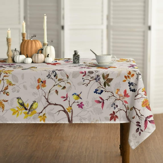 Fall Tablecloth 60x84 Inch, Thanksgiving Autumn Harvest Watercolor Birds Trees Table Cover for Party Picnic Dinner Decor Black
