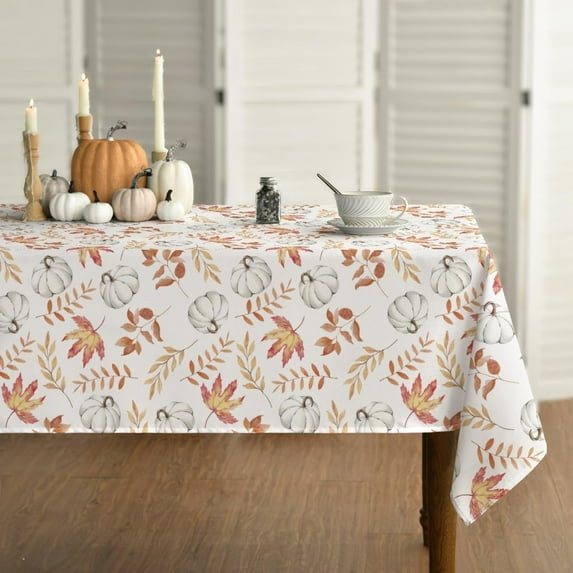 Fall Tablecloth 60x84 Inch, Thanksgiving Autumn Harvest White Pumpkin Orange Leaf Table Cover for Party Picnic Dinner Decor