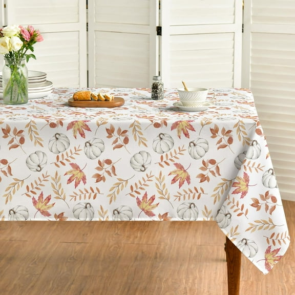 Fall Tablecloth 60x84 Inch, Thanksgiving Autumn Harvest White Pumpkin Orange Leaf Table Cover for Party Picnic Dinner Decor