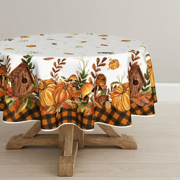 Fall Tablecloth 70x70 Inch Round, Thanksgiving Autumn Harvest Pumpkin Mushroom Black Buffalo Plaid Table Cover for Party Picnic Dinner Decor