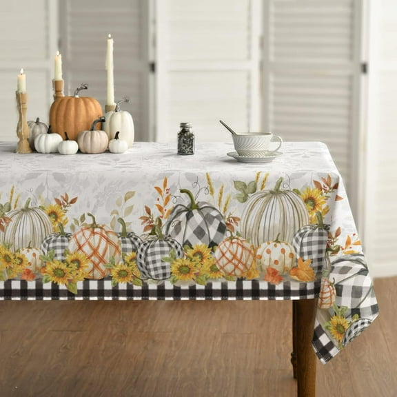 Fall Tablecloth 70x70 Inch Round, Thanksgiving Autumn Harvest Pumpkins Black Buffalo Plaid Table Cover for Party Picnic Dinner Decor