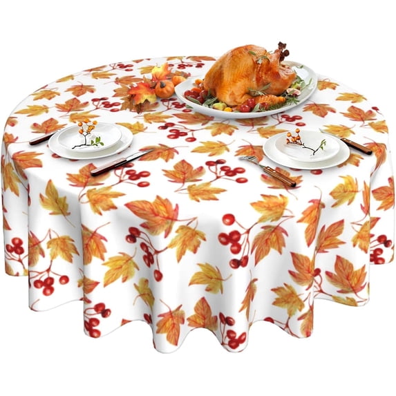 Fall Tablecloth, Autumn Maple Leaves Round Tablecloth 60 Inch, Thanksgiving Round Table Cloth for Rustic Farmhouse Kitchen Decor, Wipeable Polyester Fabric Table Cover for Outdoor Holiday Party