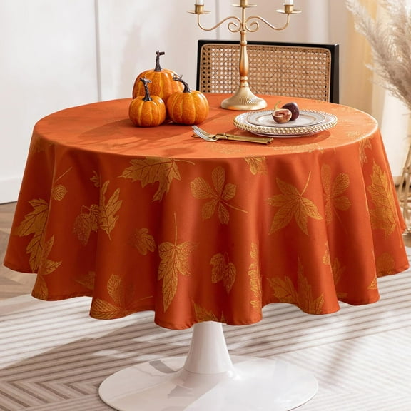Fall Tablecloth Autumn Metallic Leaf Weaven Damask Farbric Tablecloths, Spillproof Easy Care Tablecover for Thanksgiving, Harvest, Gathering Party Decoration, Rust, Round 60 Inch
