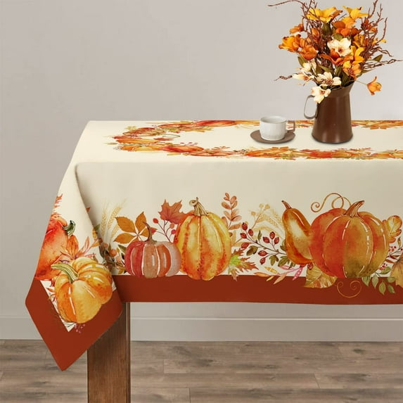 Fall Tablecloth,Autumn Pumpkins Vines Rectangle Table Cloth 60x120Inch, Maple Leaf Fall Harvest Tablecloths, Waterproof Spillproof Table Cover for Dinner Kitchen Party Holiday Decoration