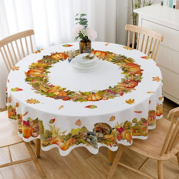 Fall Tablecloth, Autumn Turkey Maple Leaves Pumpkin Table Cloth Waterproof, Fall Thanksgiving Day Kitchen Table Decor for Dining Holiday Party 60x60 Inch Round