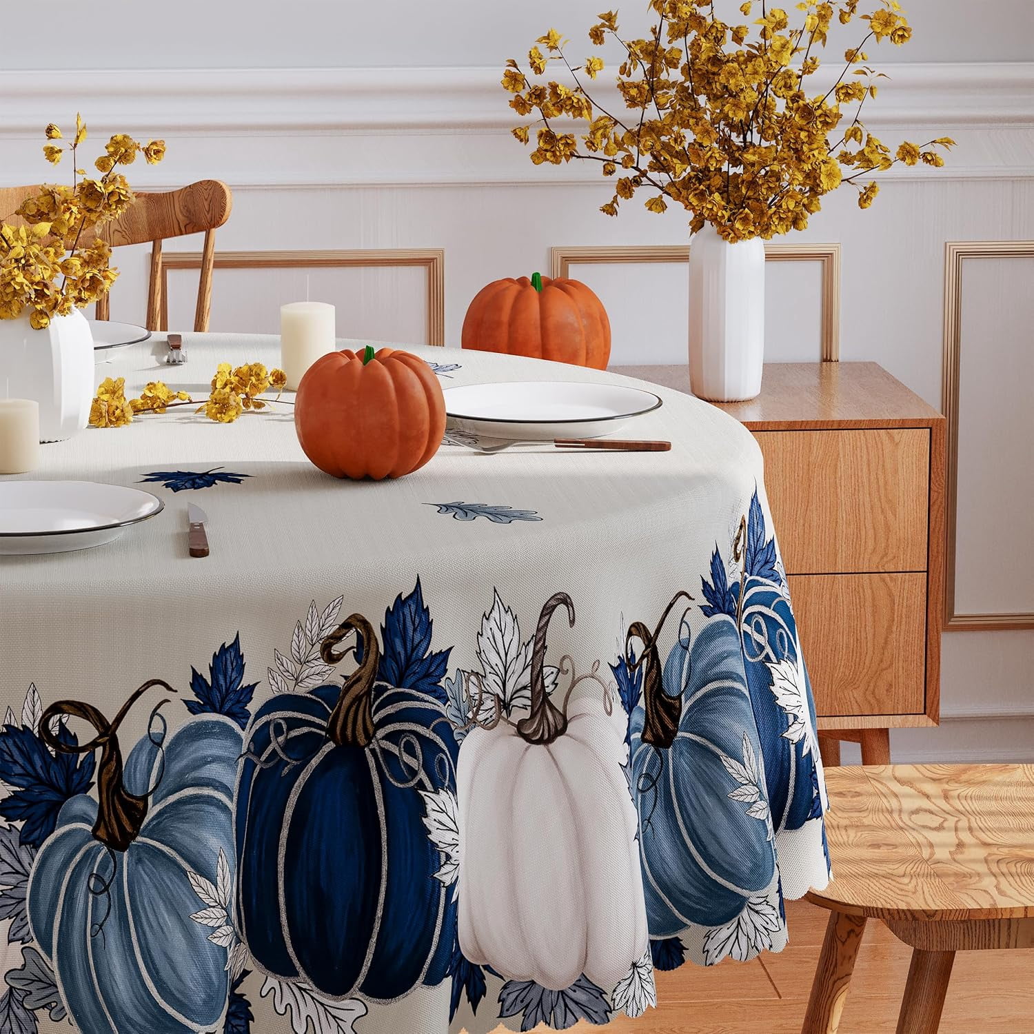 Fall Pumpkin Round Tablecloth - 60 Inch Waterproof & Heat Resistant Dining Decor