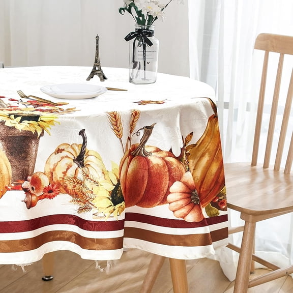 Fall Tablecloth Damask Fabric, Pumpkin Printing Jacquard Fabric Autumn Round Tablecloth 60 inch, Round Seasonal Fall Table Decorations for Home, Fall Decor Harvest and Thanksgiving