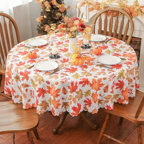 Fall Tablecloth, Fall Decorations for Home Waterproof Leaves Decor Fall Decor Watercolor Thanksgiving Holiday Decor Scallop Edge Table Cover Party Dining Table Decorations 70 Inch Diameter, Round
