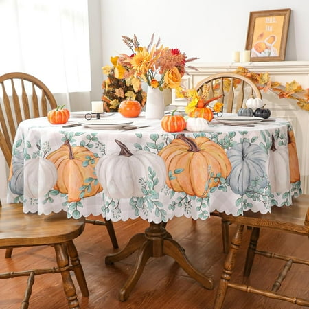 Fall Tablecloth, Fall Decorations for Home Waterproof Pumpkin Decor Fall Decor Seasonal Thanksgiving Holiday Decor Scallop Edge Table Cover Party Dining Table Decorations 70 Inch Diameter, Round