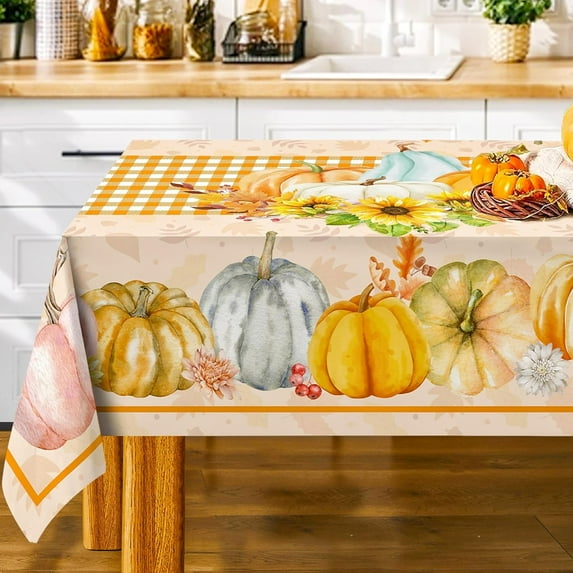Fall Tablecloth, Fall Tablecloth Rectangle 60 x 104, Fall Pumpkins Table Cloth with Autumn Maple Leaves, Orange Plaid Table Cover Decorations Gifts for Dining Room Kitchen Outdoor
