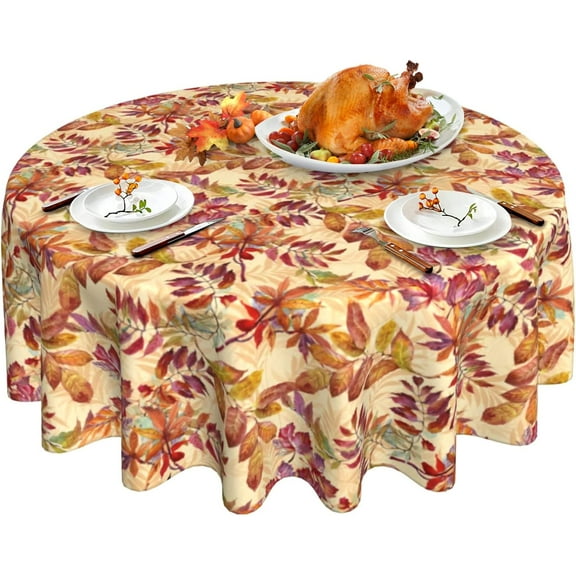 Fall Tablecloth, Falling Leaves Round Tablecloth 60 Inch, Autumn Thanksgiving Round Table Cloth for Rustic Farmhouse Kitchen Decor, Wipeable Polyester Fabric Table Cover for Outdoor Holiday Party
