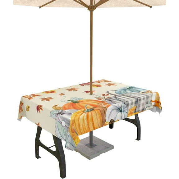 Fall Tablecloth Maple Leaf Pumpkin Rectangle Outdoor Tablecloths 60x84, Patio Table Cloths with Umbrella Hole and Zipper, Flowers Leaves Table Cover for Thanksigving Dining Table Holiday Party Garden