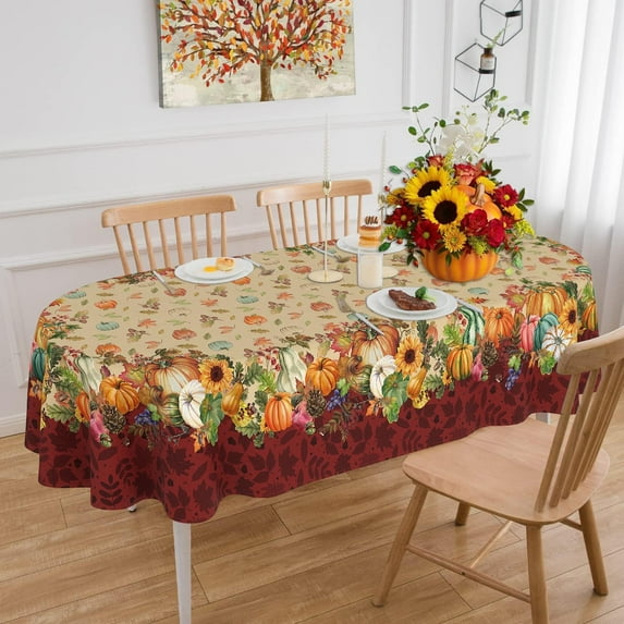 Fall Tablecloth Oval 60 x 120 Inch, Oval Fall Tablecloth, Autumn Pumpkin Thanksgiving Tablecloth Oval, Fall Oval Table Cover