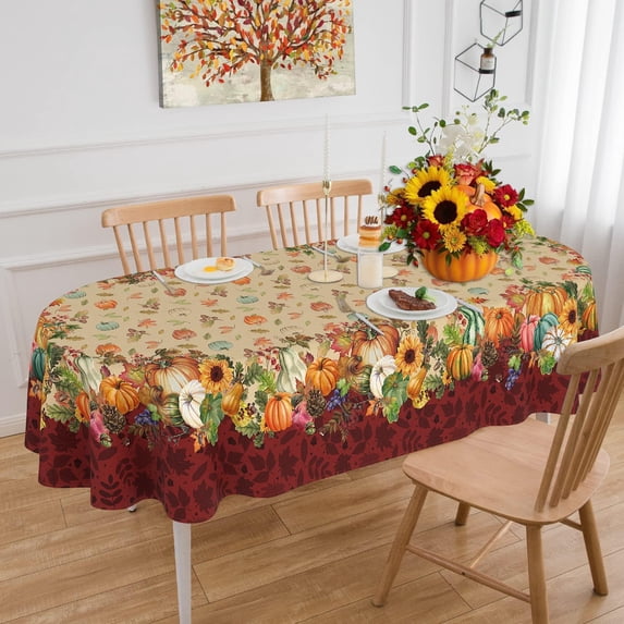Fall Tablecloth Oval 60 x 84 Inch, Oval Fall Tablecloth, Autumn Pumpkin Thanksgiving Tablecloth Oval, Fall Oval Table Cover