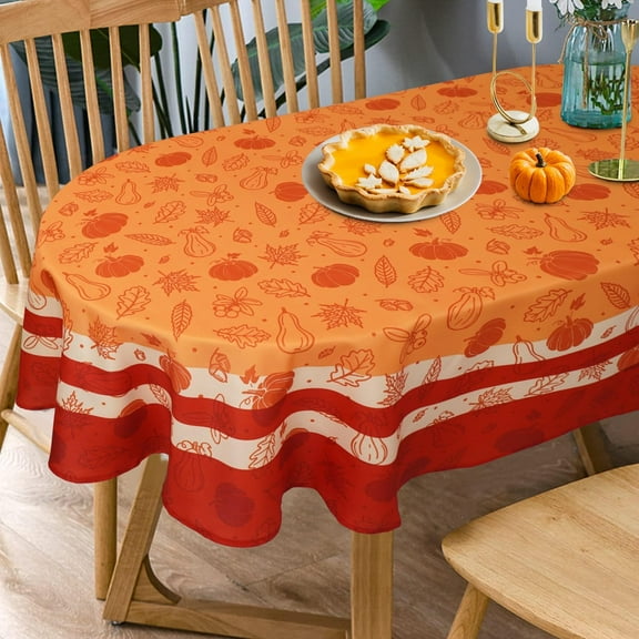 Fall Tablecloth Oval 60x120 Inch, Autumn Pumpkins Leaves Orange Thanksgiving Harvest Table Cloth Cover for Party Picnic Dinner Decor