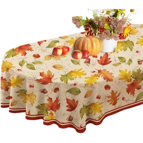 Fall Tablecloth Oval, Thanksgiving Tablecloth with Fall Leaves Autumn Tablecloth, Waterproof Wrinkle Free Fall Table Cloths for Fall Thanksgiving Decor, Fall Tablecloth for Oval Tables 60 X 84 Inch