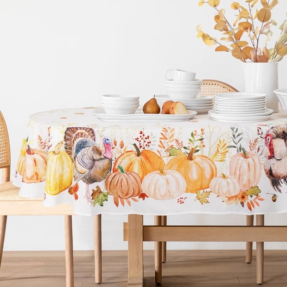 Fall Tablecloth Oval, Thanksgiving Tablecloth, Pumpkin Turkey Leaf Tablecloth, Fall Harvest Tablecloths for Oval Tables, Spill-Proof Table Cloth for Dining Room Table,60x120inch
