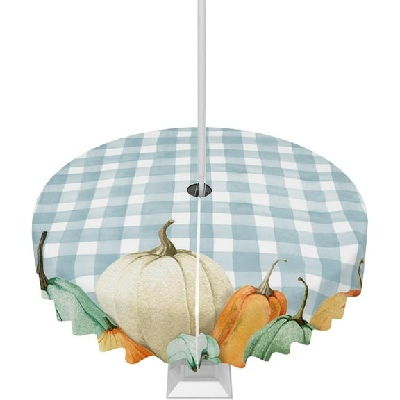 Fall Tablecloth Pumpkin Autumn Round Outdoor Tablecloths 60 Inch, Patio Table Cloths with Umbrella Hole and Zipper, Blue Orange Pumpkin Blue Buffalo Table Cover for Outdoor Tables Picnic Thanksigving