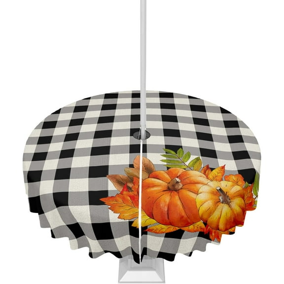 Fall Tablecloth Pumpkin Maple Leaf Round Outdoor Tablecloths 60 Inch, Patio Table Cloths with Umbrella Hole and Zipper, Black Buffalo Plaid Table Cover for Outdoor Tables Picnic Holiday Thanksigving