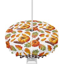 Fall Tablecloth Pumpkin Maple Leaf Round Outdoor Tablecloths 60 Inch, Patio Table Cloths with Umbrella Hole and Zipper, Buffalo Plaid Table Cover for Outdoor Tables Picnic Holiday Thanksigving