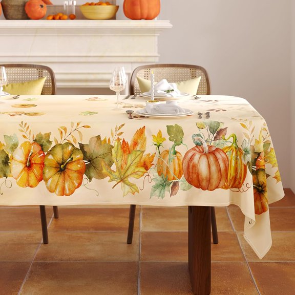 Fall Tablecloth Rectangle 60x102 Inch, Thanksgiving Autumn Harvest Orange Pumpkin Leaves Washable Table Cover for Party Picnic Dinner Decor