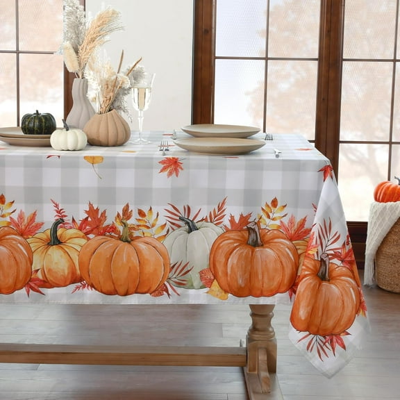 Fall Tablecloth Rectangle 60x102 Inch, Thanksgiving Autumn Harvest Pumpkin Buffalo Plaid Decoration Table Cloth, Stain Resistant Table Cover for Party/Dining/Holiday, Grey Checkered