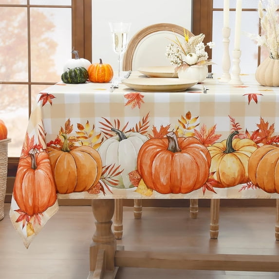Fall Tablecloth Rectangle 60x120 Inch, Thanksgiving Autumn Harvest Pumpkin Buffalo Plaid Decoration Table Cloth, Stain Resistant Table Cover for Party/Dining/Holiday, Orange Checkered