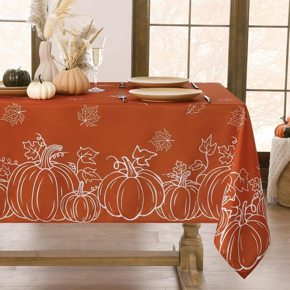 Fall Tablecloth Rectangle 60x84 Inch, Thanksgiving Autumn Harvest Orange Rust Pumpkin Maple Leaf Decoration Table Cloths, Stain Resistant Farmhouse Table Cover for Holiday Dinner/Party