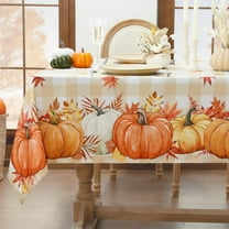 Fall Tablecloth Rectangle 60x84 Inch, Thanksgiving Autumn Harvest Pumpkin Buffalo Plaid Decoration Table Cloth, Stain Resistant Table Cover for Party/Dining/Holiday, Orange Checkered