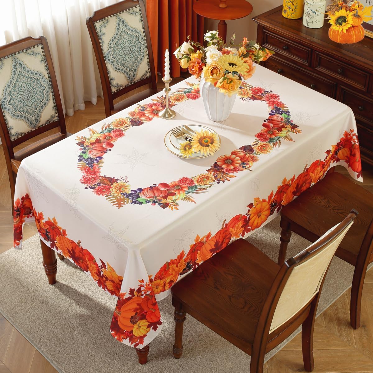 Fall Tablecloth Rectangle, Flower and Pumpkin Print Beige Table Cloth