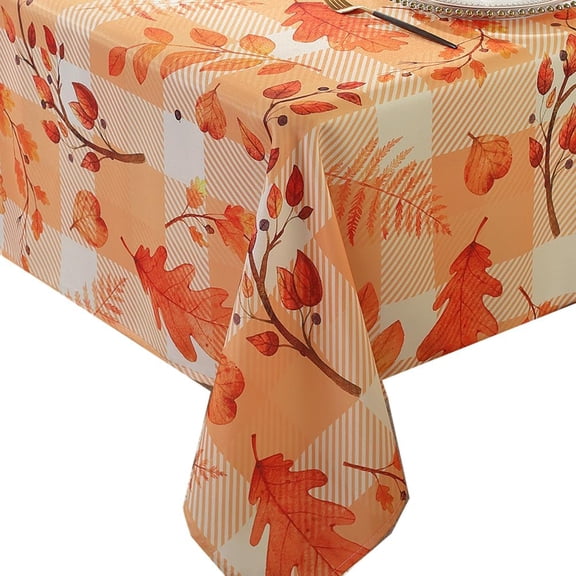 Fall Tablecloth For Rectangle Table 60X84,Orange Buffalo Plaid With Leaves Table Cloth,Waterproof Checkered Table Fabric,Countryside Table Cover,Autumn Decoration For Thanksgiving Harvest Holiday