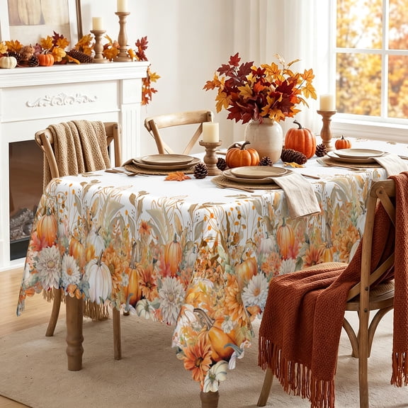 Fall Tablecloth Rectangular Pumpkin Floral Eucalyptus Leaves Autumn Table Cover Thanksgiving Harvest Dining Table Decor 60"W x84"L