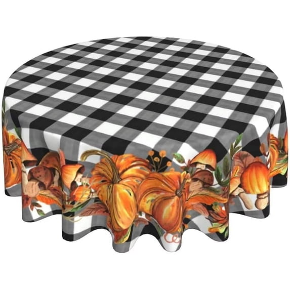 Fall Tablecloth Round 60 Inch, Autumn Black Buffalo Plaid Checked Pumpkin Table Cloth Wrinkle Resistant Thanksgiving Table Cover for Home Kitchen Dining Holiday
