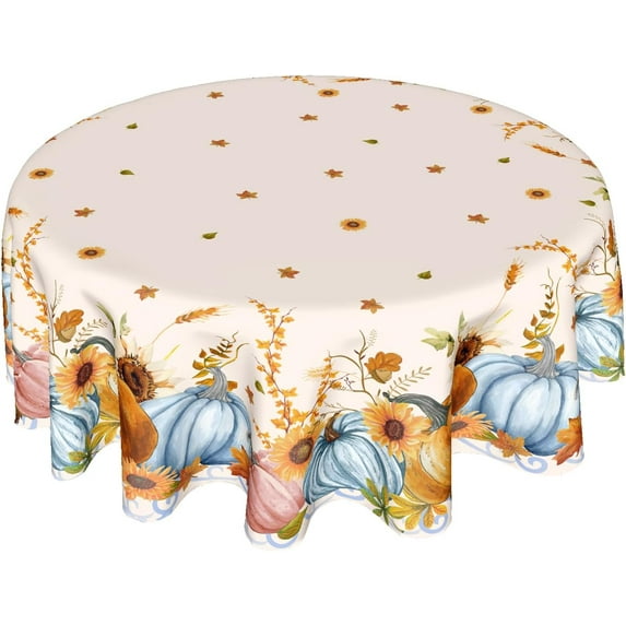Fall Tablecloth Round 60 Inch Autumn Harvest Orange Blue Pumpkin Table Cloth Sunflower Maple Leaf Washable Thanksgiving Table Cover for Kitchen Dinner Room Holiday Picnic Party Indoor Outdoor Decor