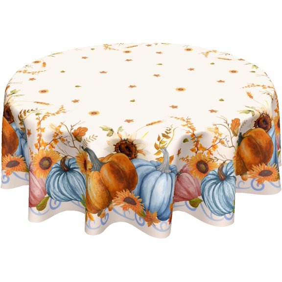Fall Tablecloth Round 60 Inch Autumn Harvest Orange and Blue Pumpkin Table Cloth Sunflower Washable Thanksgiving Table Cover for Kitchen Dinner Room Holiday Picnic Party Indoor Outdoor Decor