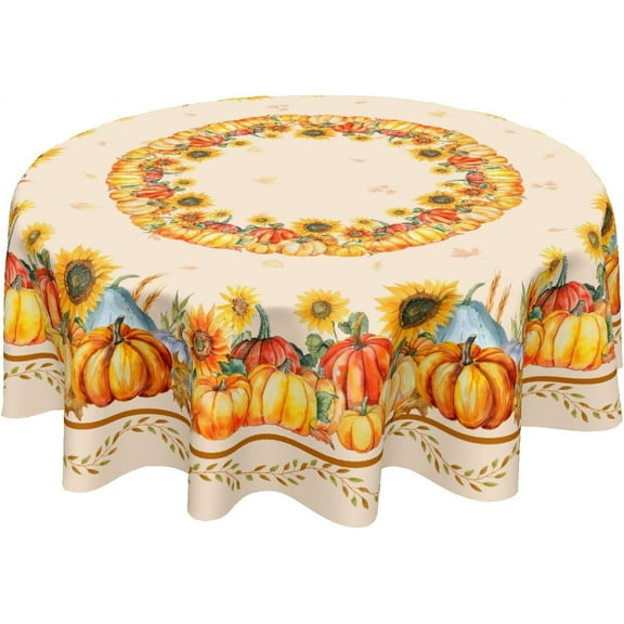 Fall Tablecloth Round 60 Inch Autumn Harvest Pumpkin Table Cloth Farmhouse Sunflower Maple Leaves Thanksgiving Table Cover Decorative for Home Kitchen Dining Outdoor Party Picnic Home Decor