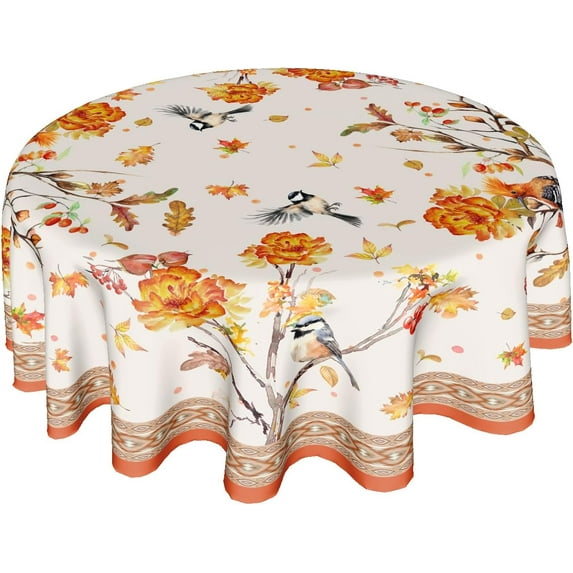 Fall Tablecloth Round 60 Inch Autumn Leaf Outdoor Table Cloth Yellow Flower and Birds Tablecloth Washable Harvest Thanksgiving Table Cover Decorative for Home Kitchen Dining Indoor Party Picnic