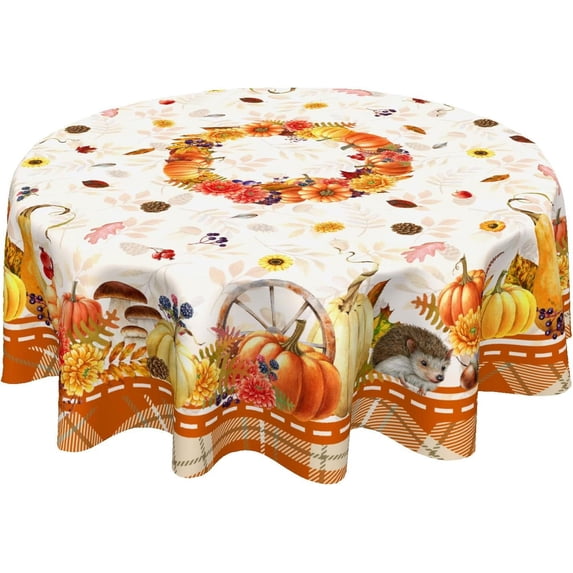 Fall Tablecloth Round 60 Inch Buffalo Plaid Autumn Harvest Pumpkin Tablecloths Thanksgiving Maple Leaves Decoration Outdoor Table Cloth for Dining Kitchen Holiday Party Picnic Home Decor